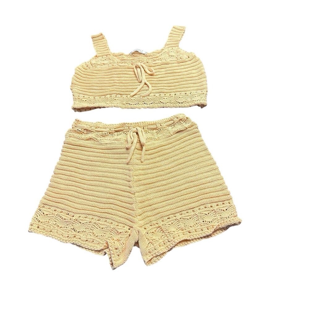 Jolie & Joy FCT 2pc Crochet Knit Set Large Crop Tank Top & Shorts EUC